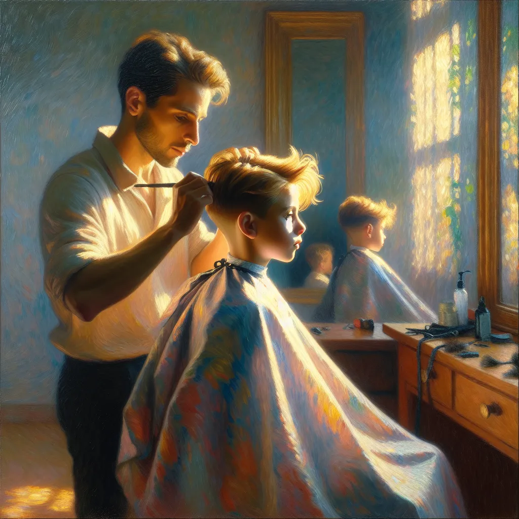 Boy, Haircut, Salon, Transformation, Identity. in the style of Monet