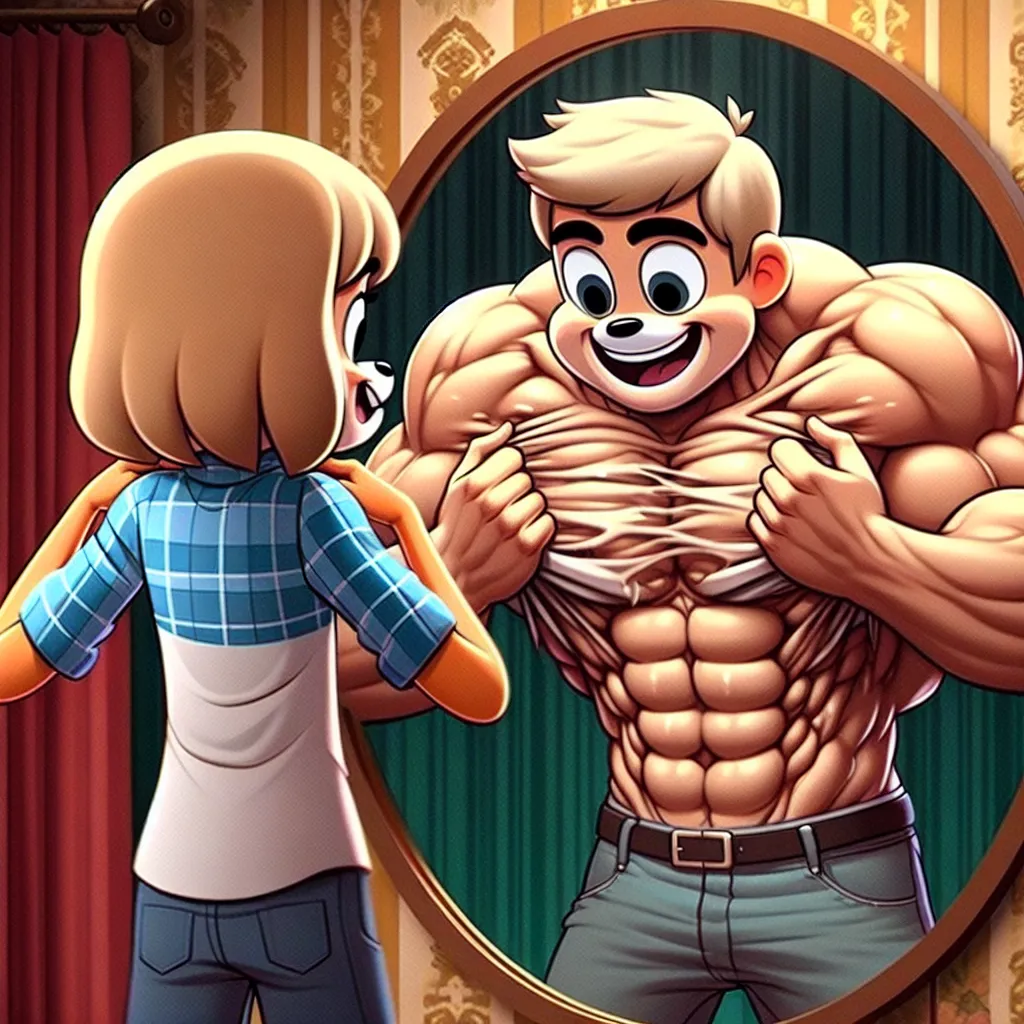 The image accompanying this story could be a split-screen depiction of the two characters, Max and Jake, each in the other's body, looking at themselves in a mirror with shock and amusement. Max, now in Lisa's body, could be adjusting the tight tank top that Lisa was wearing, while Jake, now in Max's body, could be examining the reflection of his newfound muscular form. The expression on their faces should capture the mix of surprise, disbelief, and mischievous excitement.