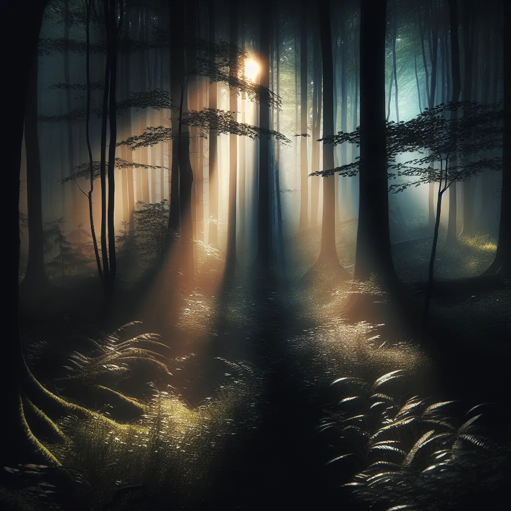 A dark forest at twilight with soft rays of sunlight shining through the dense foliage, creating a mystical ambiance.