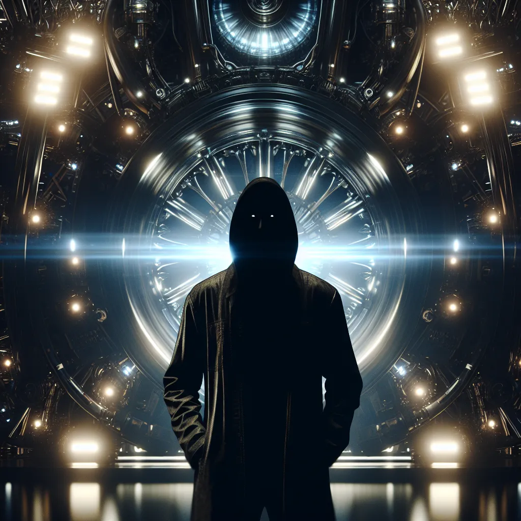 An image of a mysterious, shadowy figure standing in front of a futuristic machine with bright lights and mechanical elements. The figure is looking determined and there is a sense of secrecy and intrigue surrounding them.