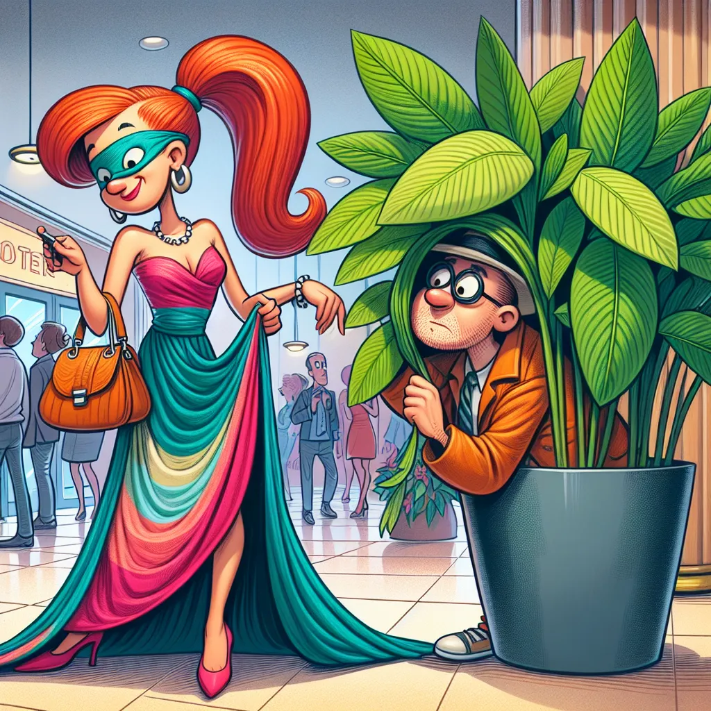 Title: "Undercover Mismatch: A Circus Sideshow of Love and Espionage"
Description: A comical image of two friends disguised as a married couple on an undercover mission, with one friend, Phil, in a voluptuous redhead disguise, adjusting his dress and fondling his new chest while his friend, Steve, looks exasperated. They are hiding behind a potted plant in a hotel lobby, spying on someone.