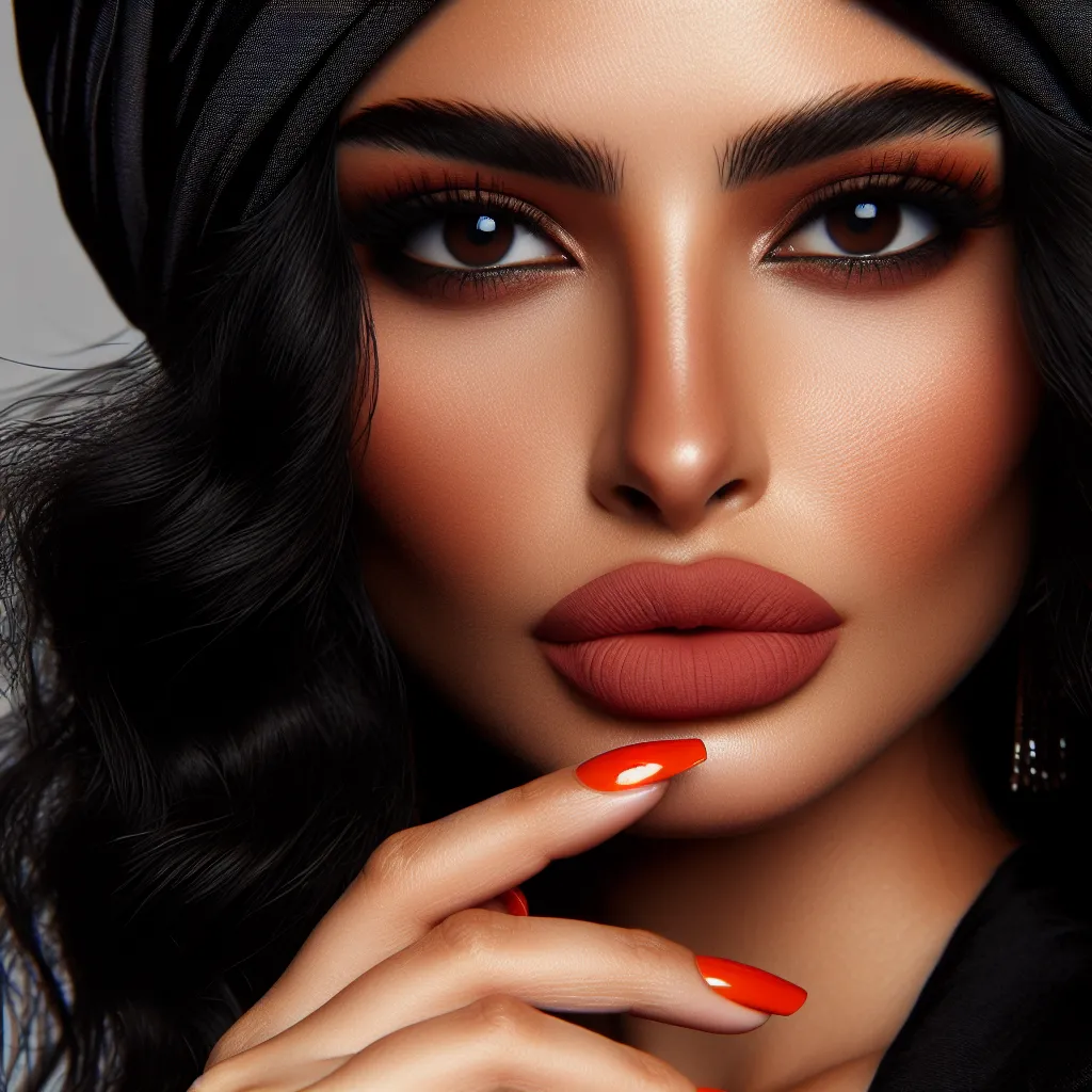 An image that could accompany this story description could be a close-up of a confident woman with a black turban, dark wavy hair, and bright orange nails, displaying a bold and assertive expression.