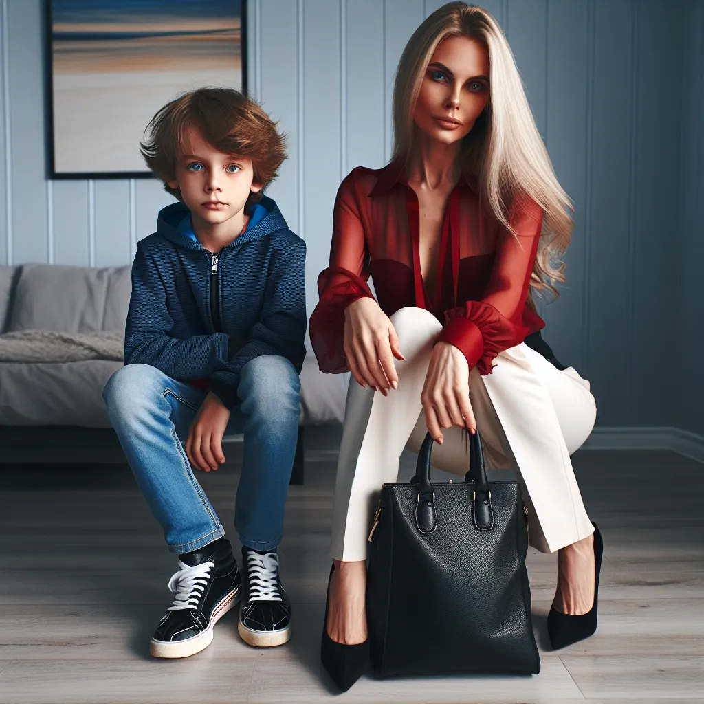 The image will feature a 12-year-old boy and his aunt in a room. The boy, Jack, is described as having short, messy brown hair, green eyes, and wearing a blue hoodie, jeans, and black sneakers. The aunt, Carol, is described as having long, straight blonde hair, blue eyes, and wearing a red blouse, white pants, black high heels, and carrying a large black leather purse.