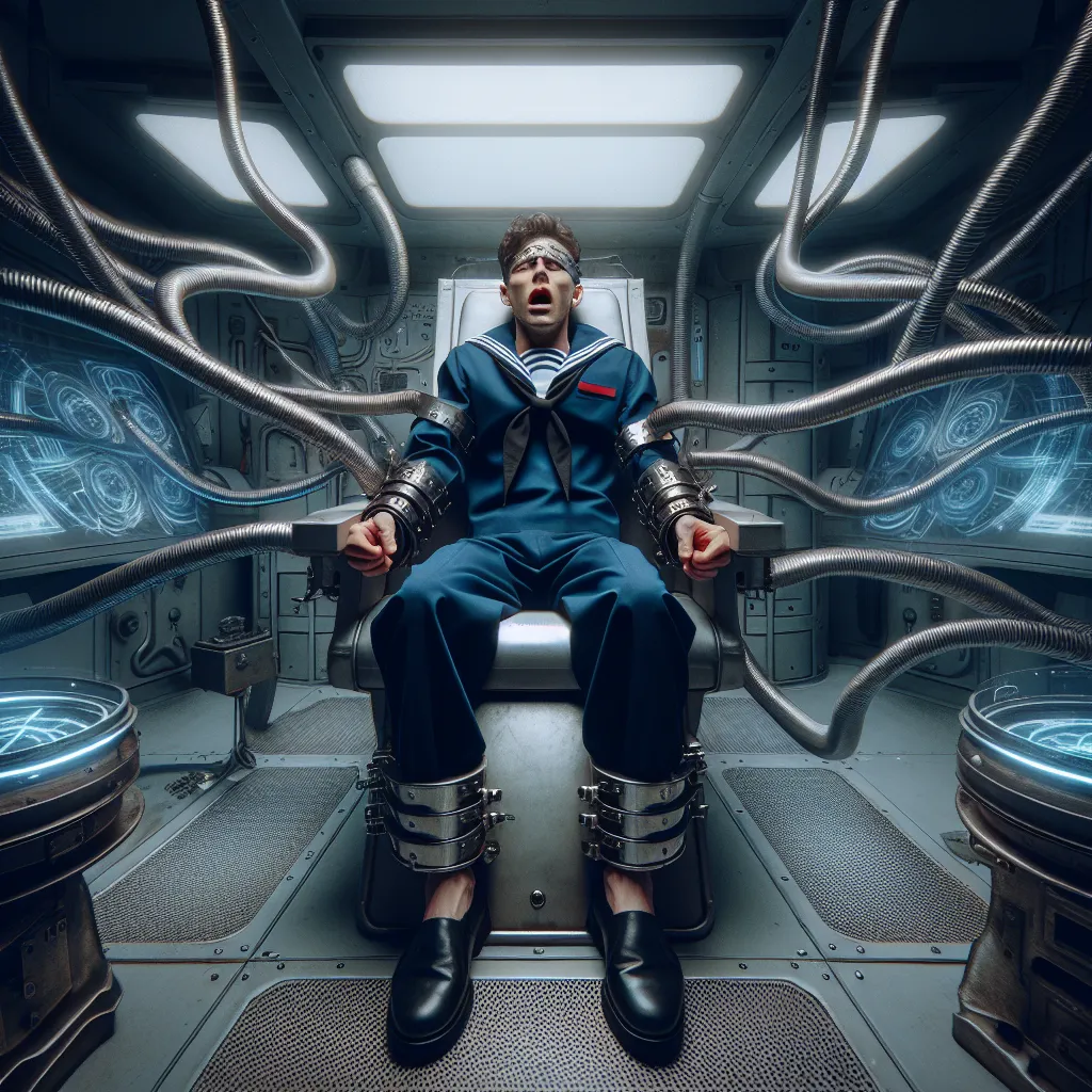 A person sits in a futuristic chamber, surrounded by metallic appendages and arcane instruments. The room is dimly lit, giving a sense of mystery. The person appears disoriented, their face filled with a mix of confusion and panic. Metal cuffs bind their wrists and ankles. They are wearing a blue swimsuit-like undergarment and a short sailor uniform. This image captures the moment when Trevor Maloney, a high-ranking military officer, finds himself trapped in the body of Yoshika Miyafuji, a young