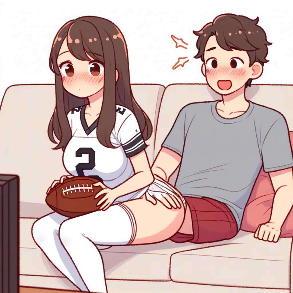 An image of two friends, David and Chad, sitting on a couch watching a football game. Chad, who has temporarily swapped bodies with their friend Lilly, is wearing a too-small football jersey and struggling with his newfound large breasts. David looks amused by the situation as they cheer on their favorite team.