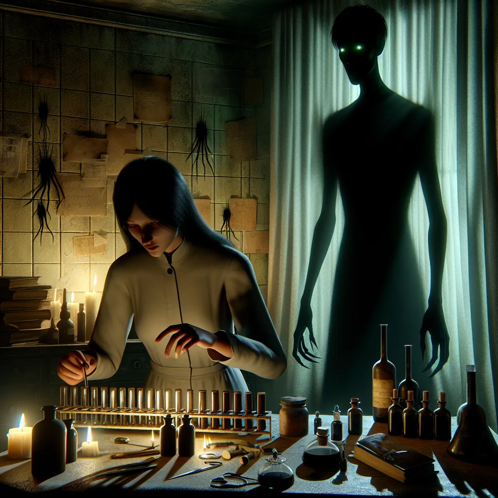 An image representing the horror genre accompanies a story titled "Dormitory of Shadows." The image depicts a dimly lit dormitory room with elongated shadows cast across the walls. A figure, Cassie, is arranging vials and artifacts on her cluttered desk while her unsuspecting roommate, Alex, stands nearby. Cassie's eyes glow an unsettling shade of green as she prepares to cast a spell on Alex. The atmosphere is eerie and foreboding, capturing the sense of impending horror and the twisted bond th