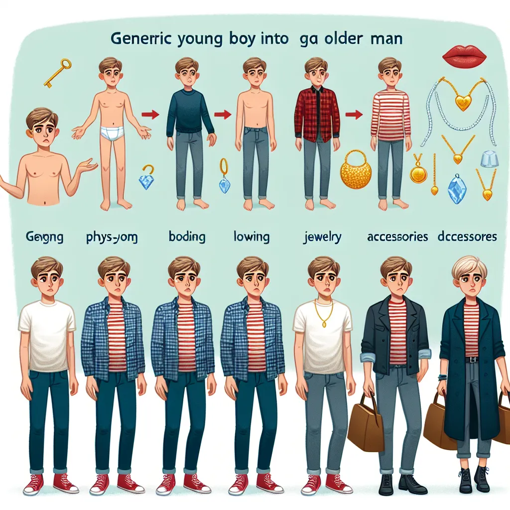 An image depicting a young boy named Benji transforming into a 51-year-old woman named Barbara, with detailed descriptions such as changing physical features, clothing, jewelry, and accessories.