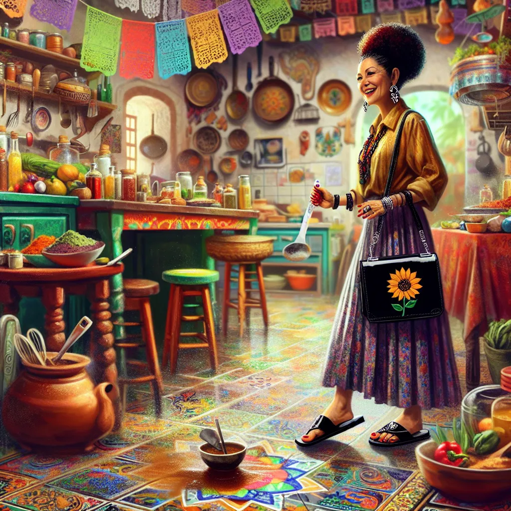 The image will show a bustling, colorful kitchen filled with spices, where a confident and warm Mexican woman, Señora Rodríguez, with a rich cinnamon complexion and red nails, is cleaning a sticky mess on the floor. Her black flip flops, adorned with a faded sunflower sticker and a black patent leather purse with a silver clasp, are iconic elements of her presence. She exudes an aura of joy and love, surrounded by her daughter, Xóchitl, and the busy, vibrant life of their home.