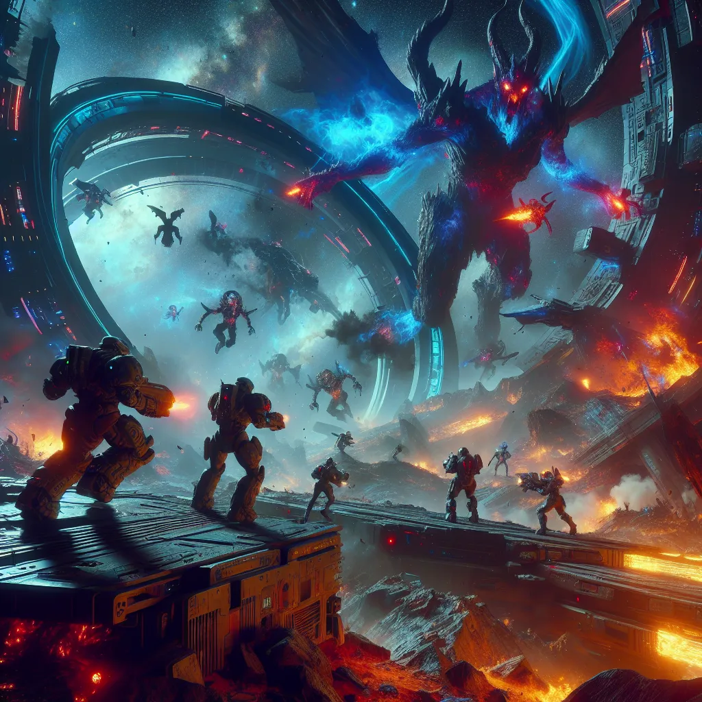A chaotic sci-fi battle scene on the Wraith Ring, with Master Chief and his team facing off against demonic forces in a ruined landscape filled with neon-blue superstructures and fiery explosions.