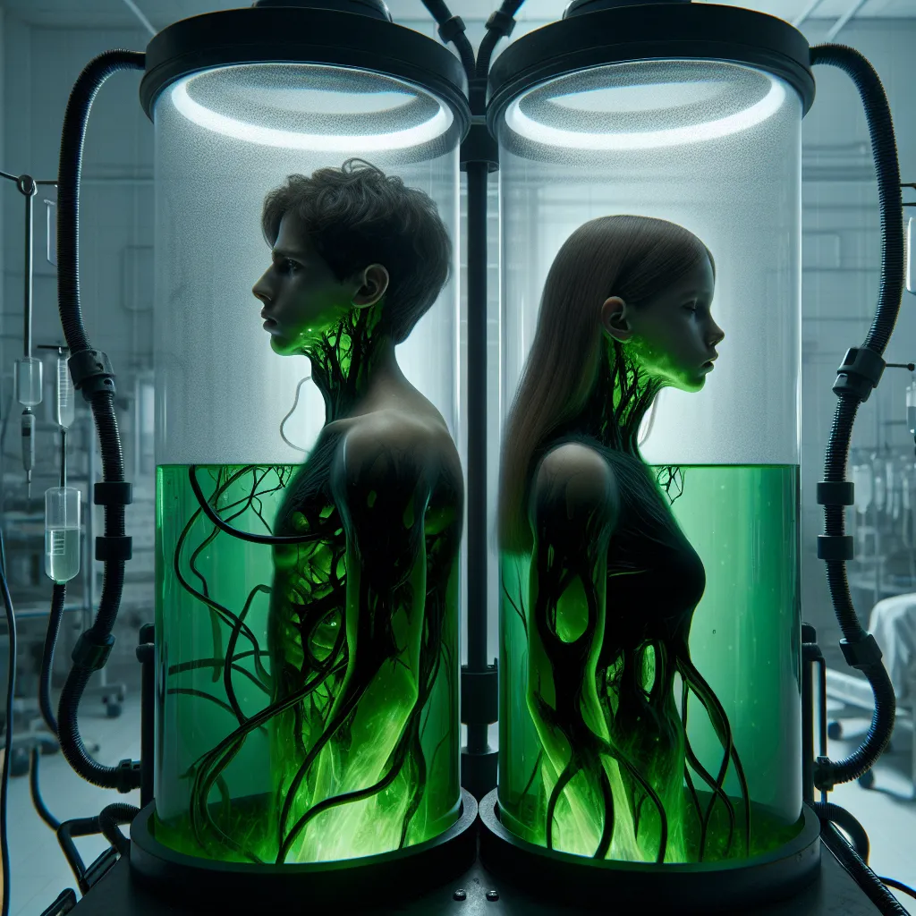 Description: An eerie and haunting image depicting the tormented transformation of Kamijou Touma into the body of Misaka Mikoto, as part of a sinister experiment. The image shows two transparent chambers connected by tubes, filled with luminescent green liquid. Touma and Mikoto's bodies undergo a painful metamorphosis, with features dissolving into amorphous blackness. The background is sterile white, lined with medical instruments, creating a chilling atmosphere.