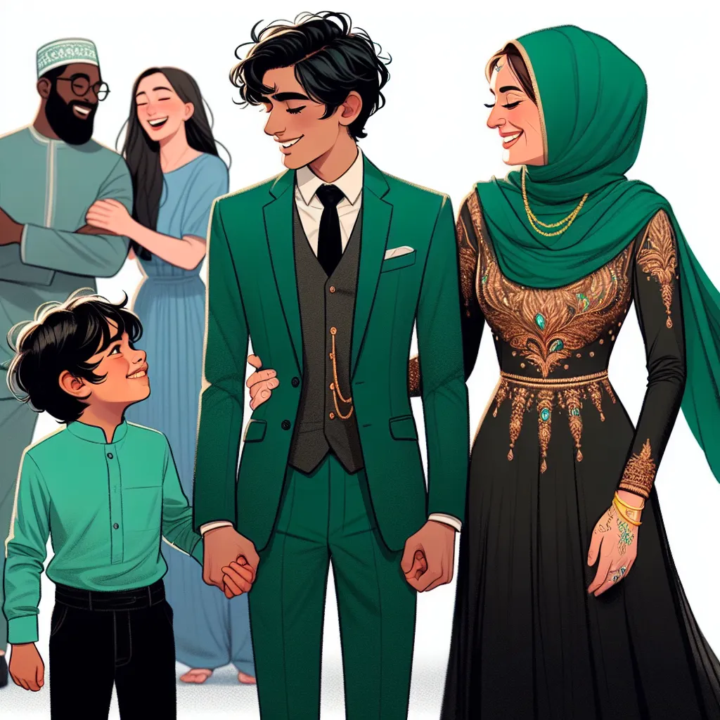 A generational portrait: A young boy in an emerald green dress stands alongside his mom, who is wearing a stylish outfit for a birthday dinner date. In the background, the boy's friend Emily and her mom chat happily. The image captures the bond, love, and happiness within this close-knit family and their supportive relationships.