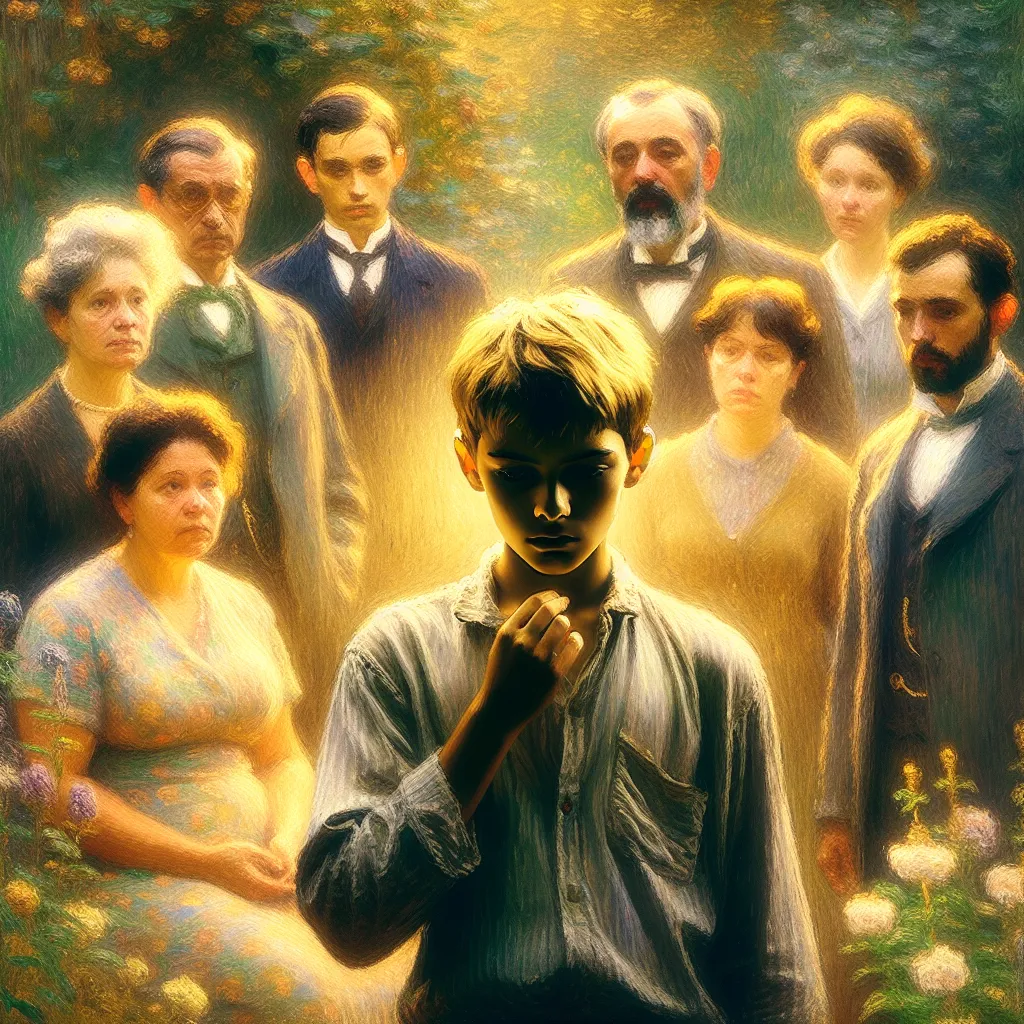 Boy, Transformation, Family, Mystery, Identity in the style of Monet
