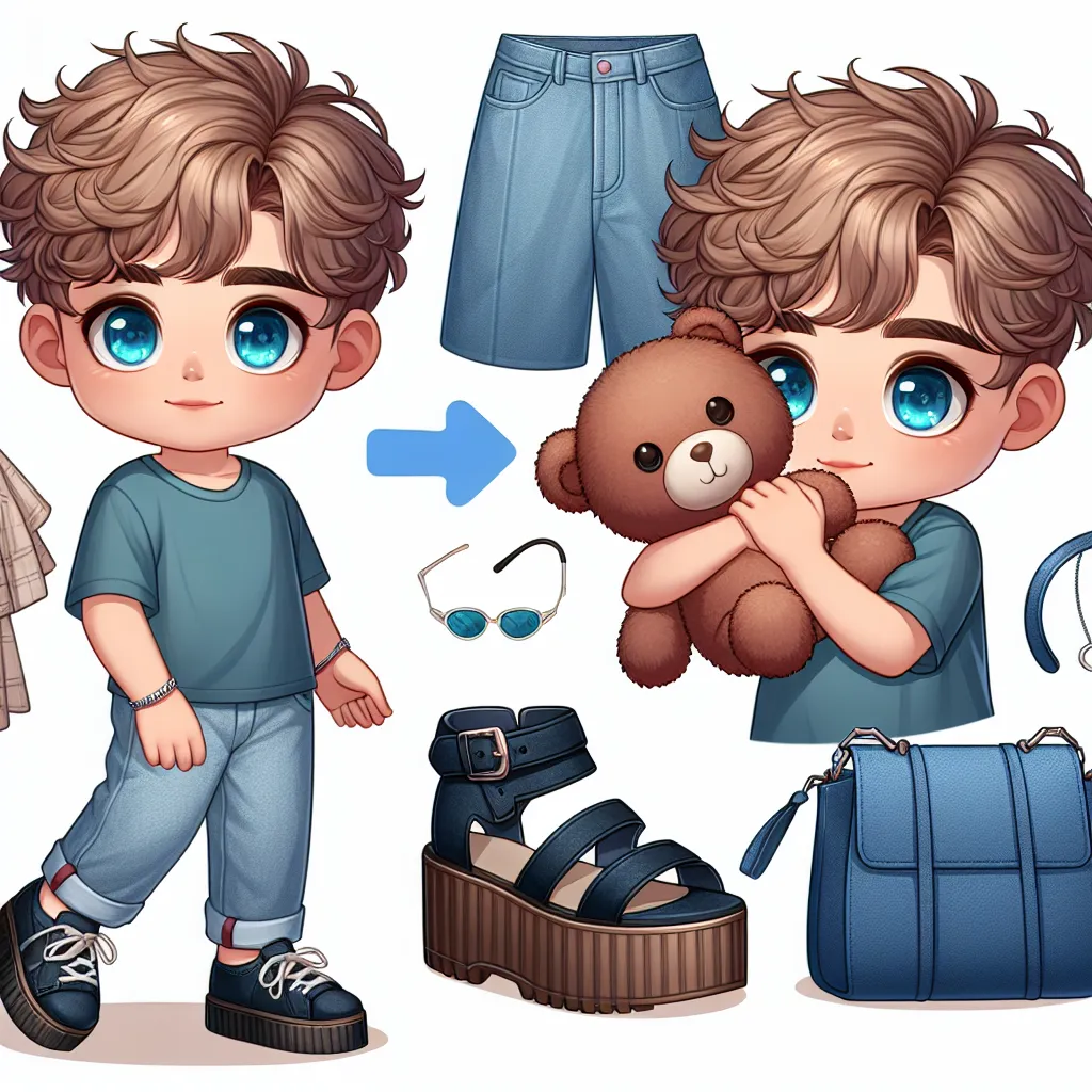 The image accompanying this story could be a depiction of a young boy named Billy, with short, light brown, wavy hair and blue eyes. He is shown walking home, hugging a stuffed animal, wearing a shirt, jeans, and shoes. In the background, there could be a glimpse of platform sandals and a blue purse, hinting at the transformative event of the story.