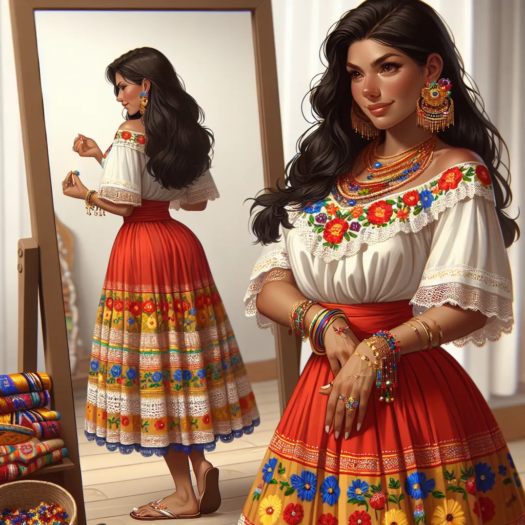 The generated image will feature a dark-haired, tan-skinned woman in her late thirties. She will be wearing a traditional Colombian outfit consisting of a bright red skirt with yellow and blue floral designs, a white blouse with lace trims and embroidered flowers, and flip flops with colorful beadwork patterns. She will be adorned with traditional jewelry including gold hoop earrings, a beaded necklace with colorful stones, a silver bracelet with intricate carvings, an anklet with tiny bells, an