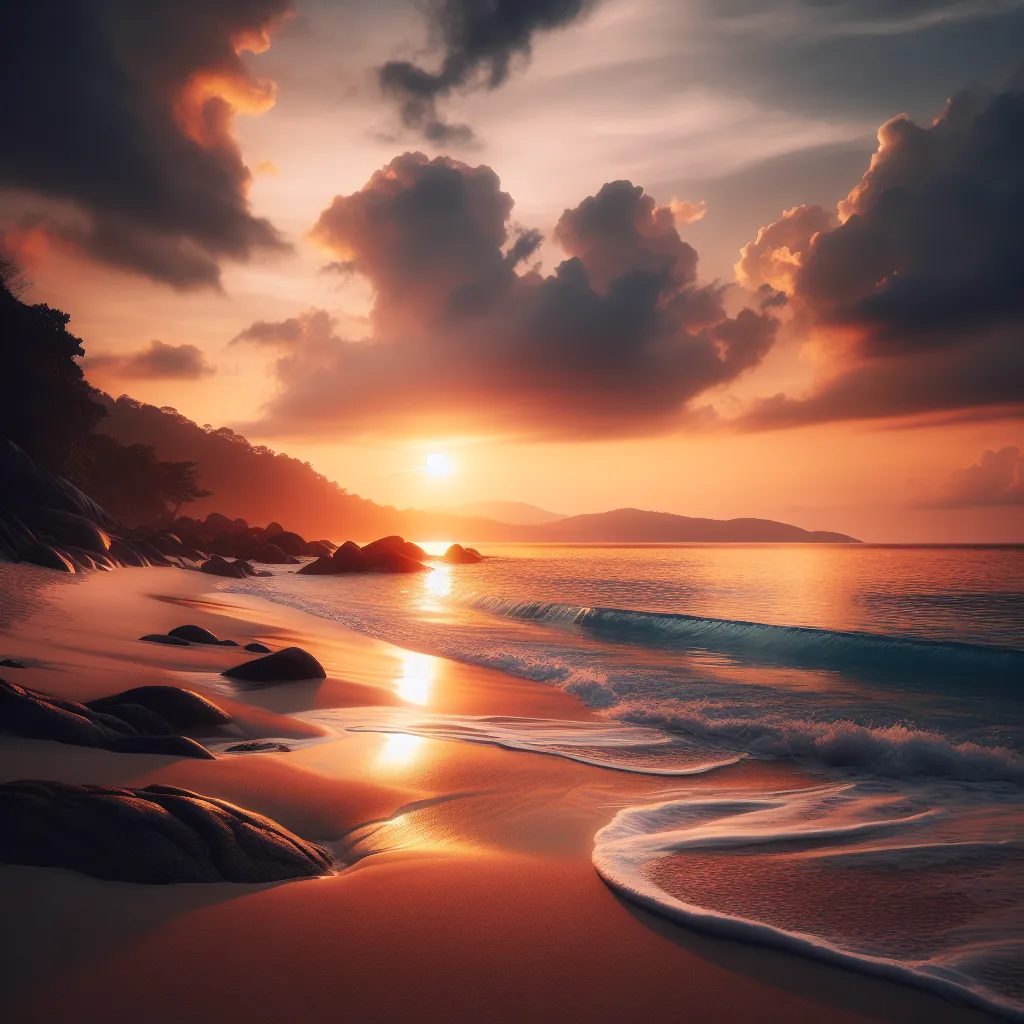 A serene beach scene during sunset, with calming ocean waves gently rolling onto the shore.