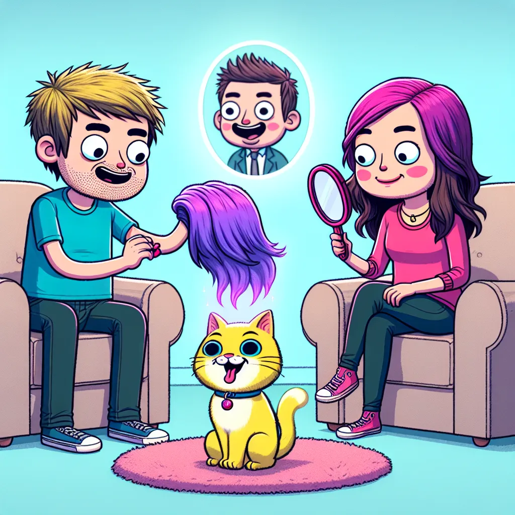 An image to accompany this story could depict Gilbert and Chelsea sitting on a couch, with a holographic, animated cat hovering in front of them. Gilbert could have a surprised expression, with his hair in the process of transforming from a dull brown to a bright yellow. Chelsea could be holding a mirror, her own hair changing from dark brown to a vibrant magenta. The cat, Happy, could be grinning mischievously as he playfully tickles Gilbert and Chelsea.