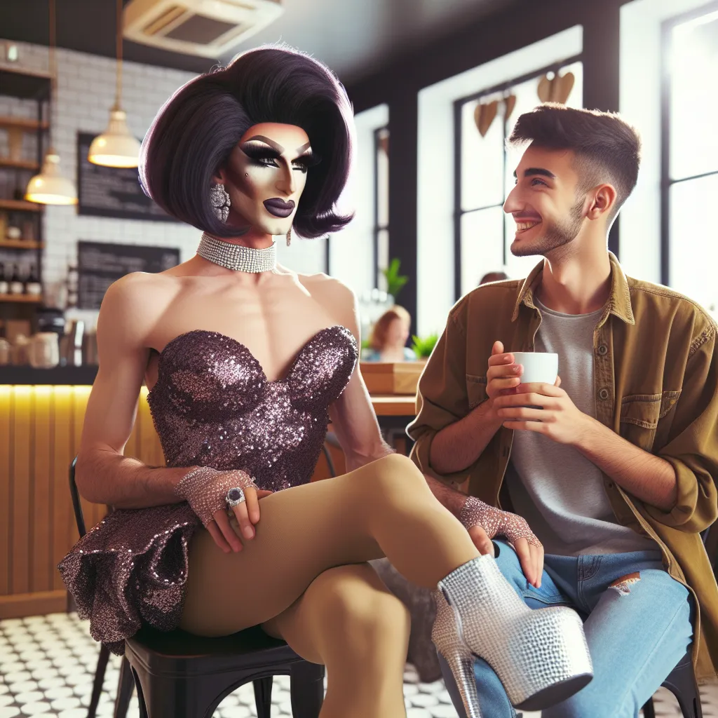 An image of a confident, glamorous drag queen named Marissa in a sequined mini dress, wearing striking silver platform sandals, with her hair dark purple and styled in a neat bob. She is accompanied by a young man, both of them drinking coffee and engaged in a friendly conversation. The image exudes a warm and lighthearted atmosphere, capturing the unexpected bond formed between the two characters.