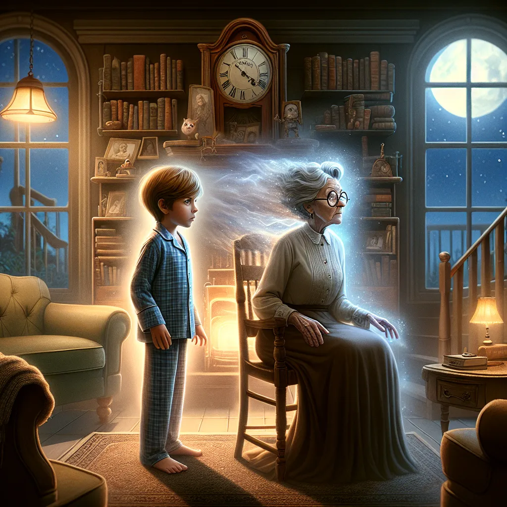 A multi-generational transformation unfolds as a boy named Timothy transforms into his great-aunt Ginny under a mysterious midnight occurrence, described in intricate detail.