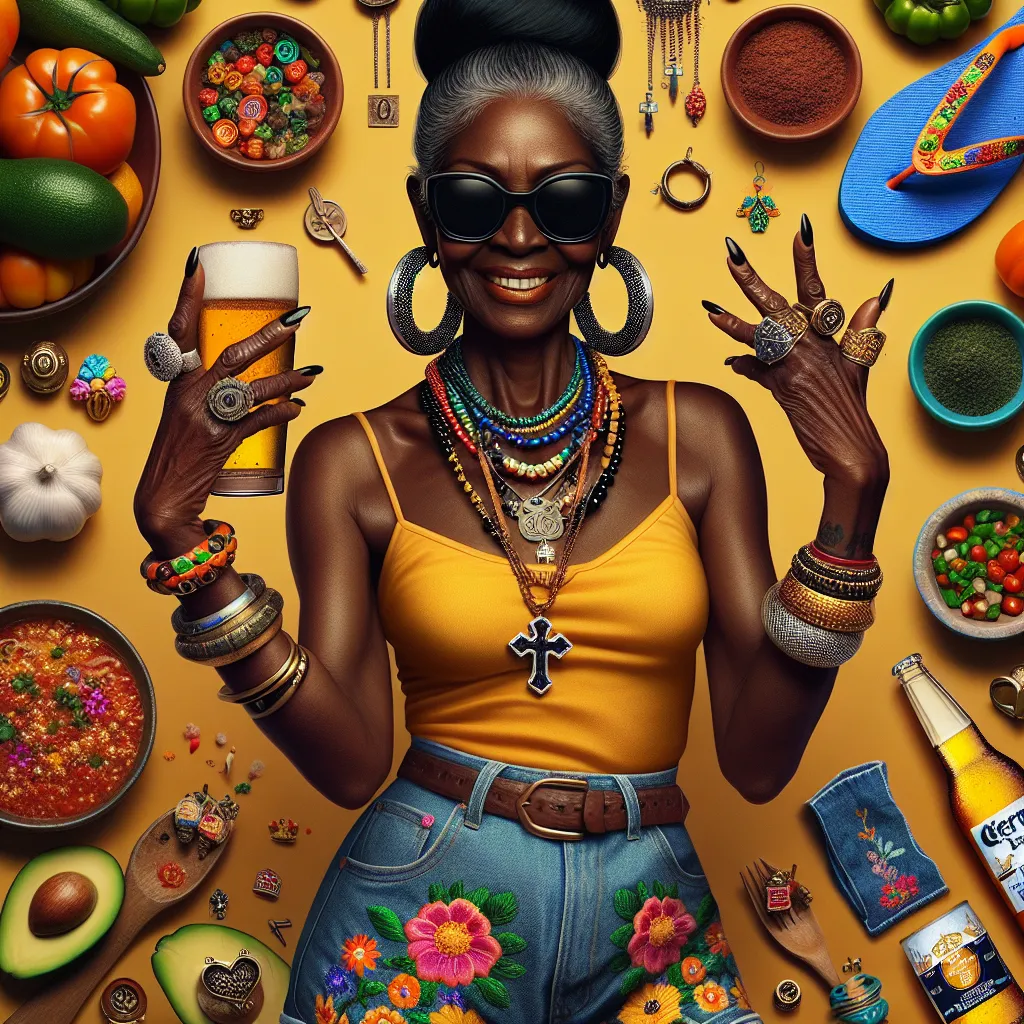 The generated image should depict a woman in her 50s, with a warm and joyful expression on her face. She has long, black hair styled in a bun, and is wearing a yellow tank top with floral patterns, denim shorts with embroidered flowers, and blue flip flops with a beaded design. She is also wearing black, oversized sunglasses and has six pieces of jewelry - hoop earrings, a wedding ring, a gold bracelet, a silver necklace with a cross pendant, a ring on her middle finger, and an anklet with tiny 