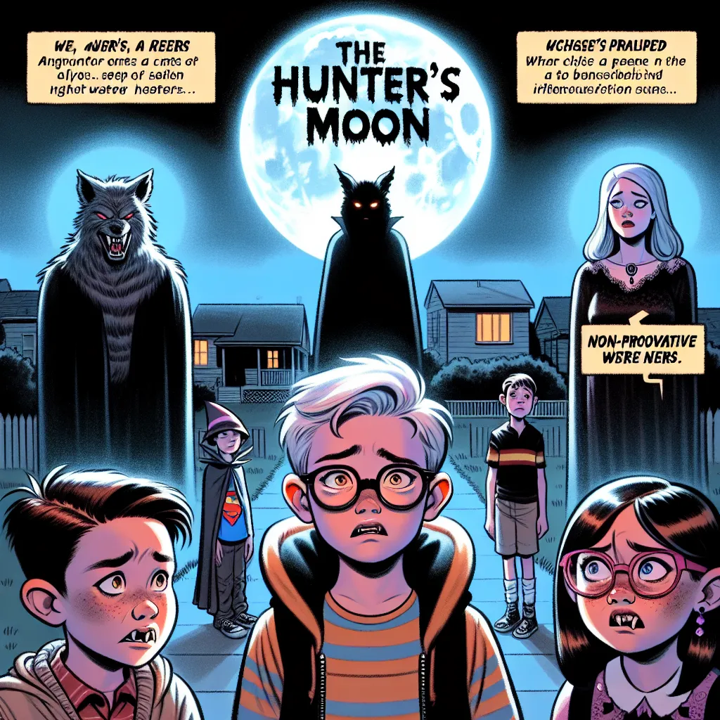 Title: Nerds Under the Moon: A Tale of Eternal Bullying - Part 2: The Return of the Hunters
Genre: Horror

Description: An image depicting the ominous Hunter's Moon casting a ghostly glow over a neighborhood. Skyler and Chasey, dressed as a vampire and witch, feel an unsettling presence as Connor and Paula, adorned in werewolf and seductive vampire costumes, transform into terrifying Were-Bullies. Skyler and Chasey themselves undergo a horrific transformation, becoming Were-Nerds, trapped in an 