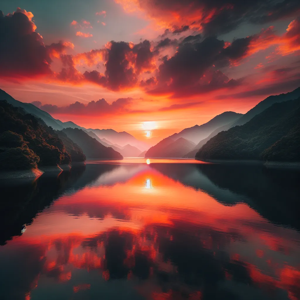 A serene sunset over a peaceful landscape, reflecting colors of orange and pink on a calm lake surrounded by lush green mountains.