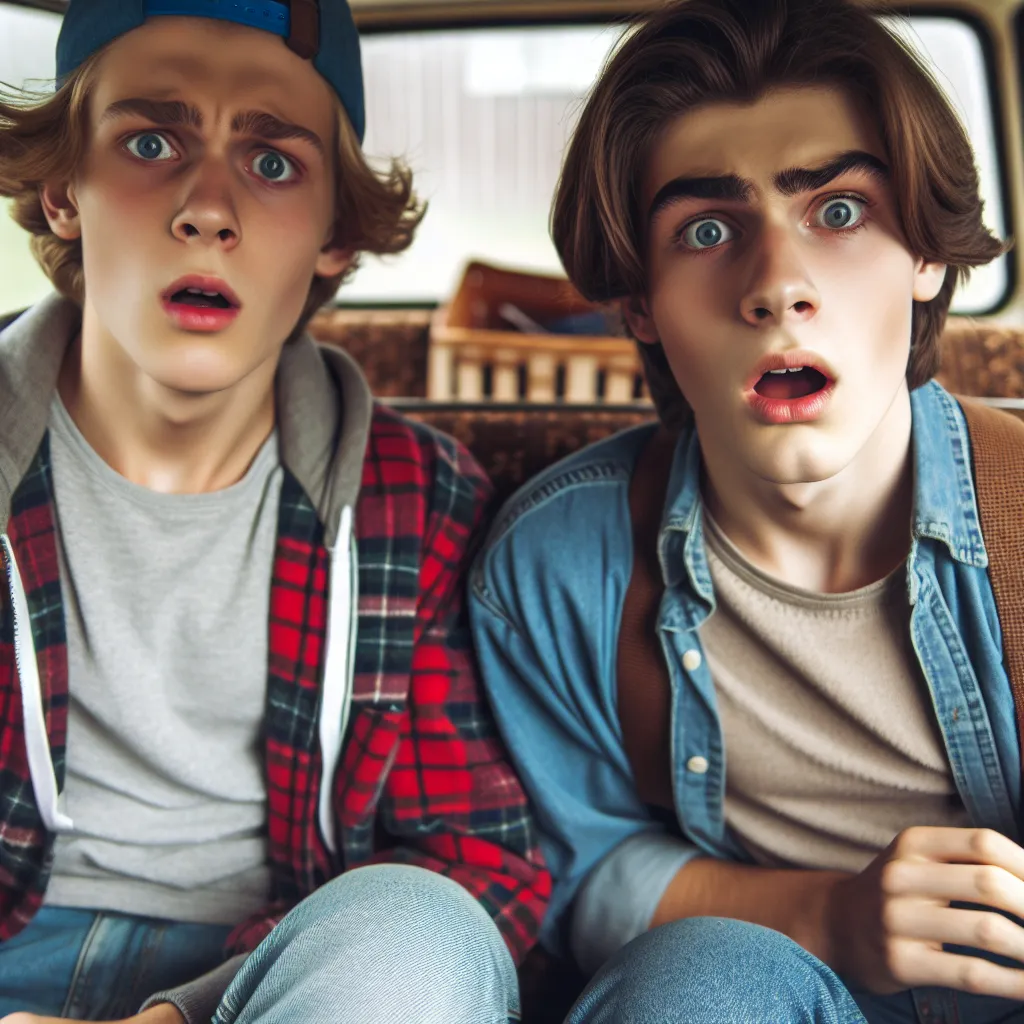 An image of two teenage friends, one in his friend's mom's body, sitting in a station wagon, both looking surprised and bewildered.