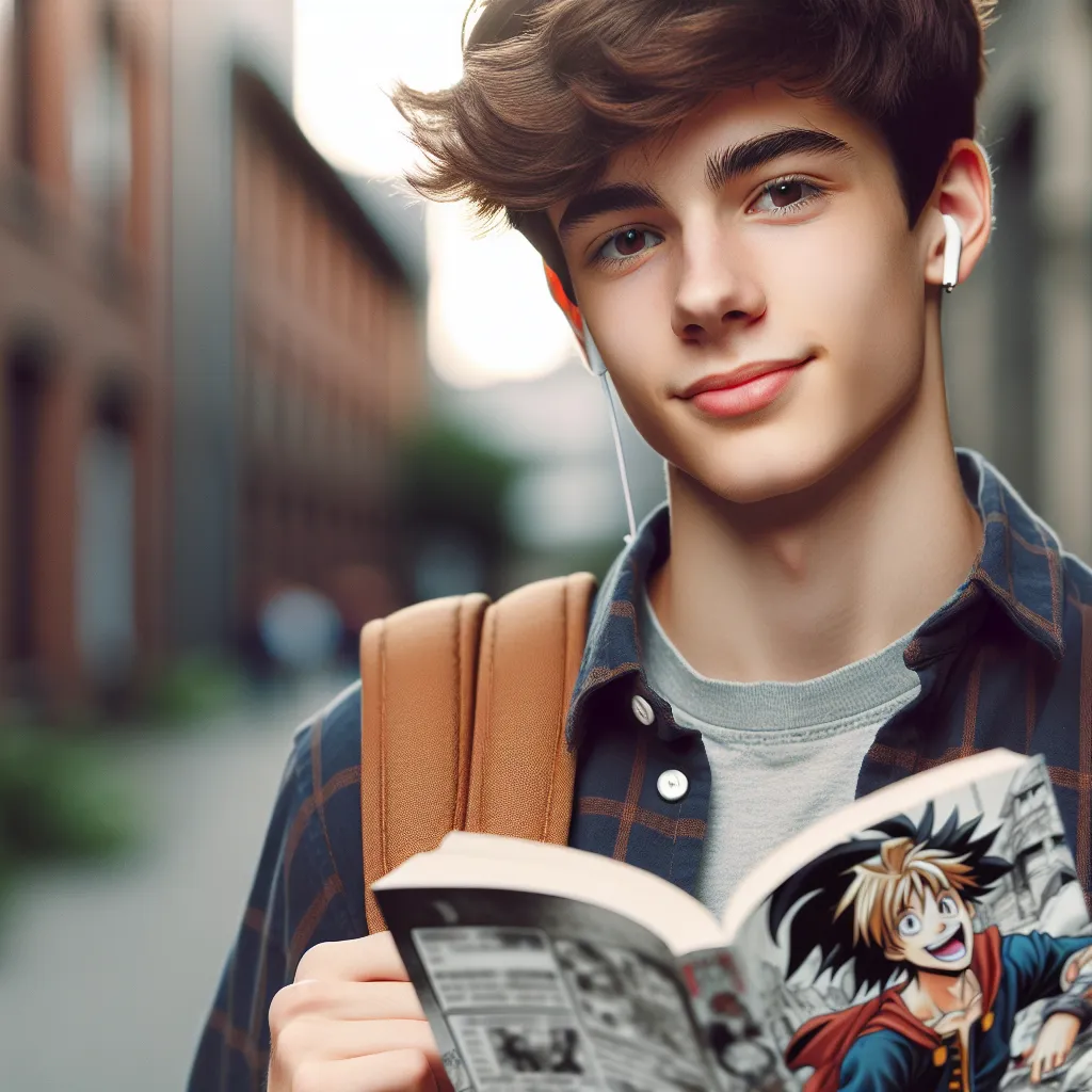 An image of Luca, a teenage boy with a backpack slung over one shoulder, walking home from school while reading a Dragon Ball GT manga.