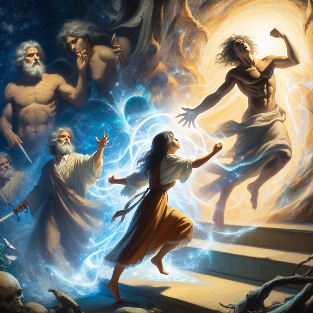 The image accompanying this story could depict a dramatic scene of an individual trapped in a body that is not their own. The central figure could be a man, formerly powerful and feared, now portrayed as a young girl burdened with the weight of her new magical potential. This contrast could be emphasized through their expression and posture, showing the distress and struggle associated with their transformed identity. The image could allude to the themes of gender dysphoria, the loss of control,