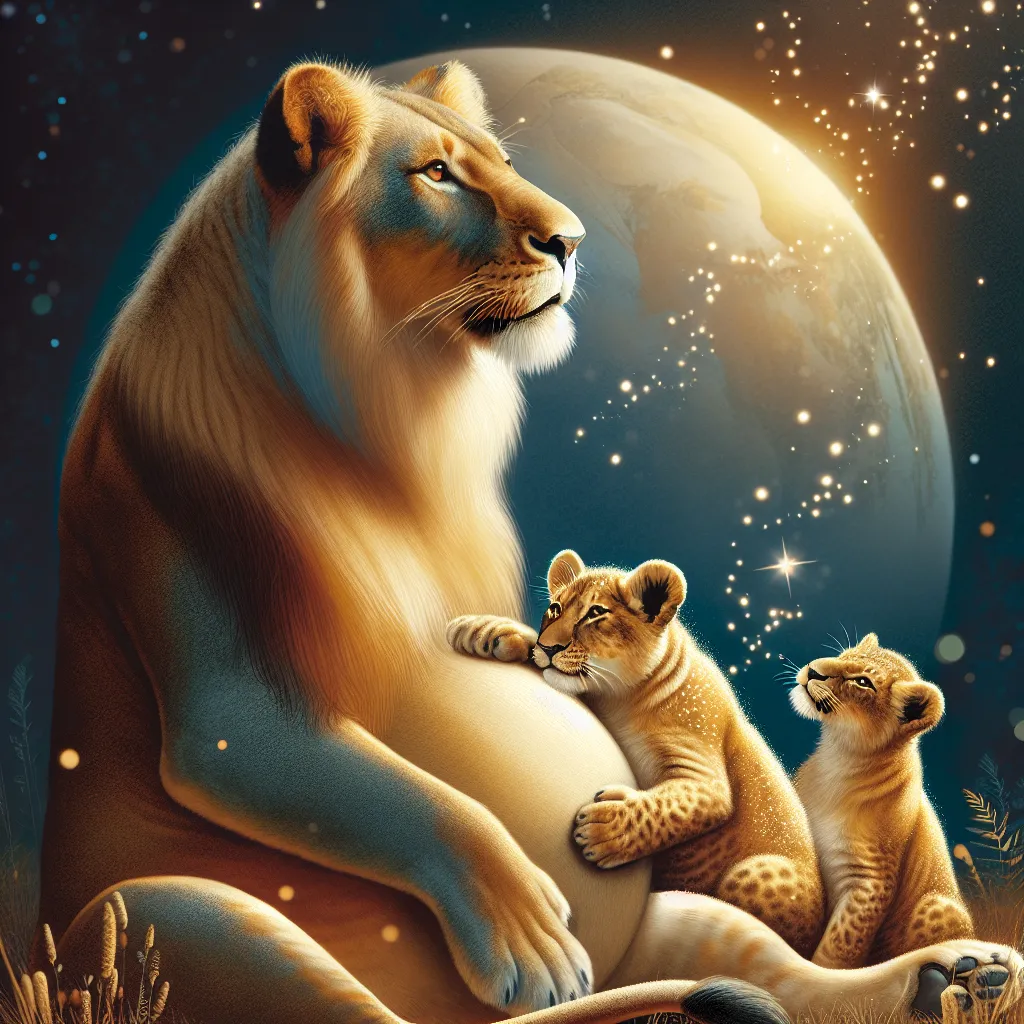 A pregnant lioness basks in the love and support of her mate as they await the arrival of their quadruplets, showcasing the beauty and joy of their growing family.