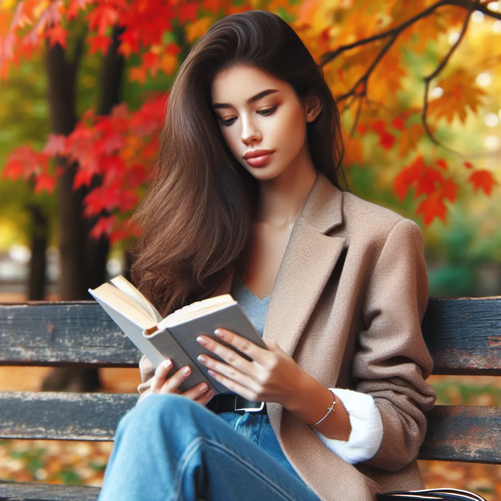 A young woman sitting on a park bench, immersed in a book, surrounded by colorful autumn leaves.