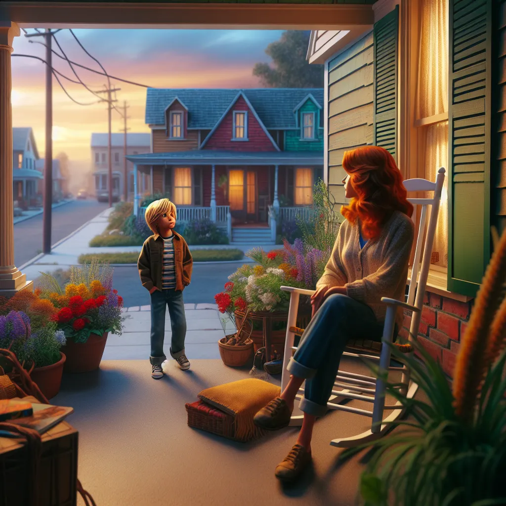 An image of a small American town with colorful houses and a young boy, Oliver, with golden blond hair and a woman, Patricia, with auburn hair, standing by a porch decorated with potted plants and a rocking chair. The boy gazes up at the woman with admiration, creating a moment of connection and mystery.