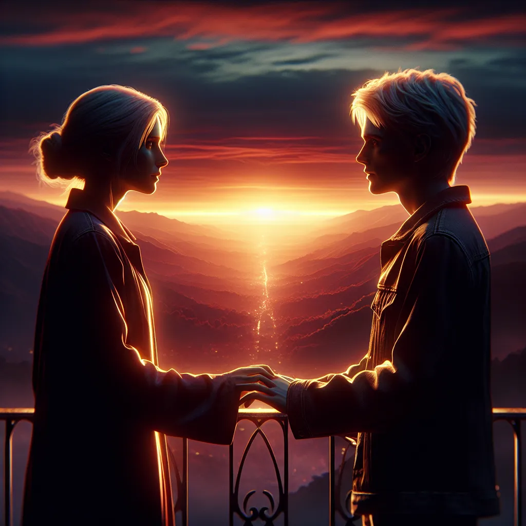 An image showing two individuals, Makoto and Mitsuru, standing close together as they watch a captivating sunset from a balcony. Their hands are clasped, symbolizing their deep connection and love for each other. The image exudes a sense of romance, with the warm colors of twilight enveloping the scene and a feeling of serenity and acceptance in their expressions as they embrace their new lives together.