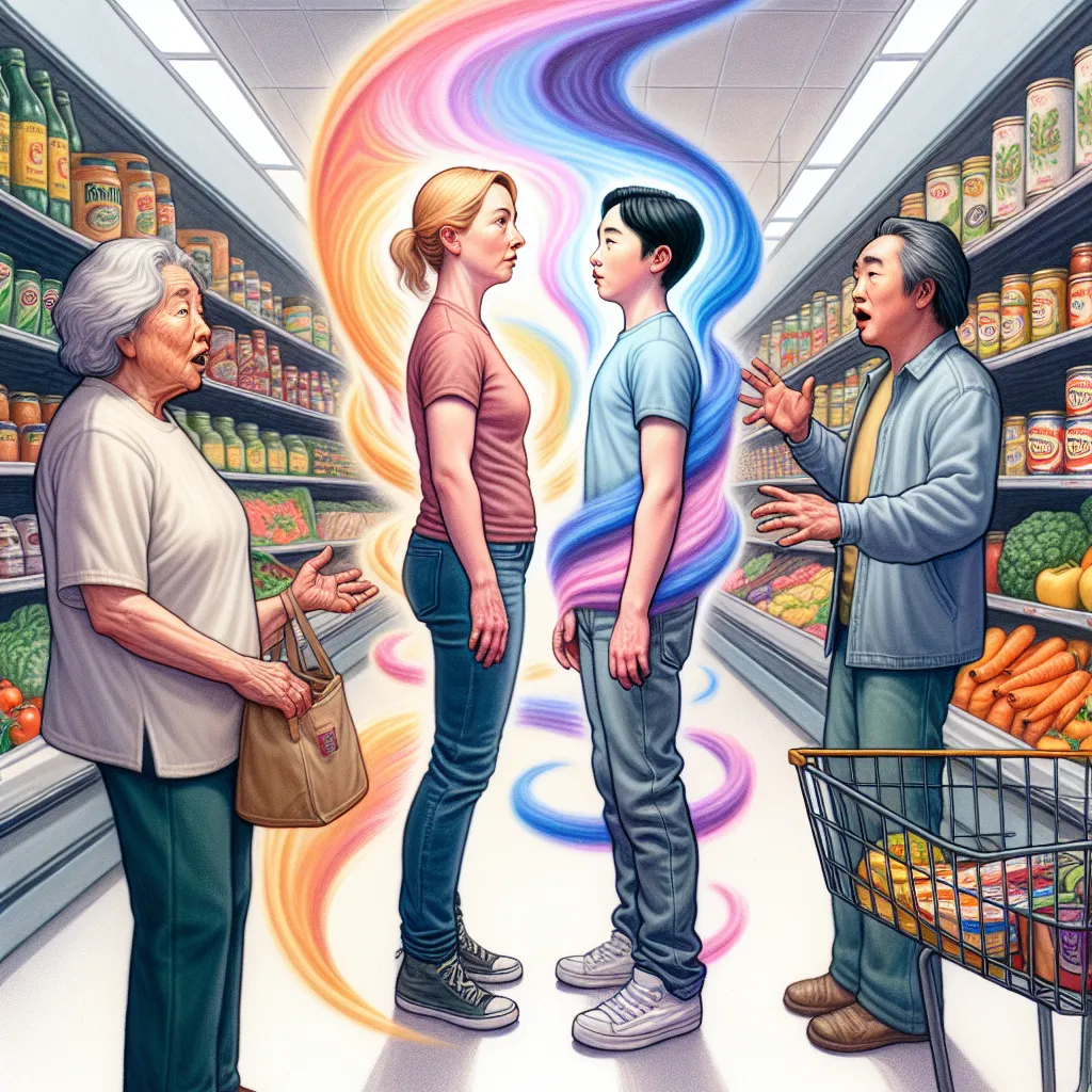 A young boy named Tyler mysteriously switches bodies with a Korean woman named Jin-hee Park while shopping at a grocery store with his mother and grandmother. Confusion, fear, and a new life in an unfamiliar body unfold as Tyler, now Jin-hee, navigates daily routines, relationships, and a longing for the home and family he lost. The image will capture Tyler/Jin-hee's transformation, embodying the essence of his old and new identities in a poignant and surreal moment at the grocery store.