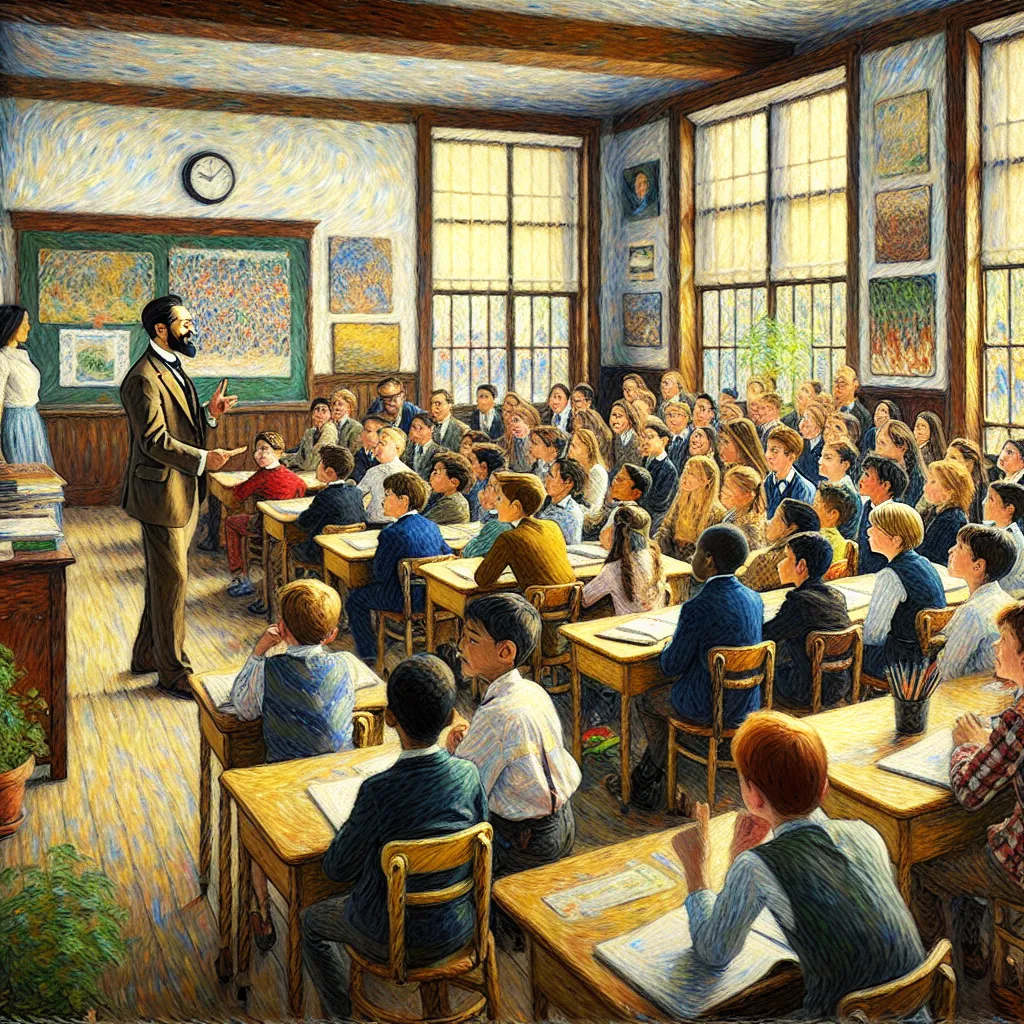 Body Swap, Transformation, Classroom, Teacher, Children in the style of Monet