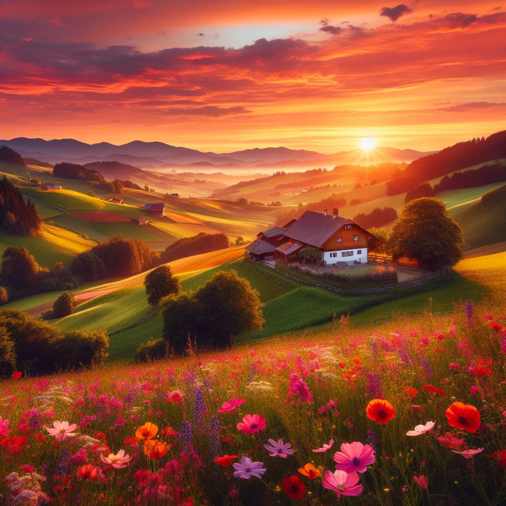 A serene and picturesque countryside landscape with rolling hills, a quaint farm nestled among a vibrant field of flowers, and a radiant sunset casting warm hues across the sky.