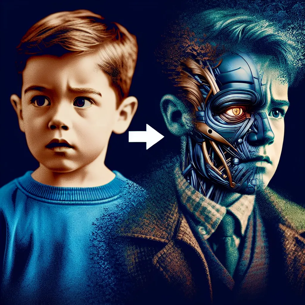 A child named Jacob accidentally transforms into his friend's mother, Cheryl, with intricate details of physical and stylistic changes described in depth. The image could capture the moment when Jacob realizes his transformation into Cheryl, showcasing their similarities and differences in appearance.