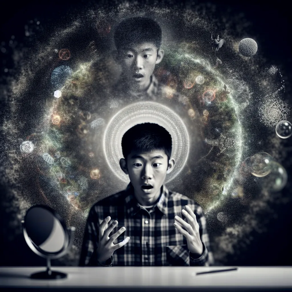 Description: A cursed teenage boy trapped in a Japanese girl's body gazes in horror at his reflection in a vanity mirror. The image captures the disorientation and fear of his new reality, as his hands tremble and his eyes widen with shock.