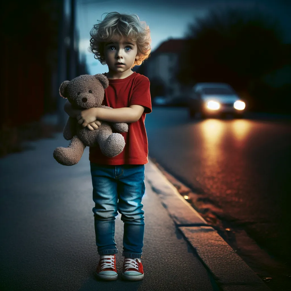 Tommy Fletcher, a six-year-old boy, stands at the edge of a street, clutching his stuffed bear tightly. He is slender, with curly blonde hair and deep blue eyes. As the dim light fades, Tommy's nervousness grows. The image shows him in his red t-shirt, jeans, and sneakers, gripping his bear.