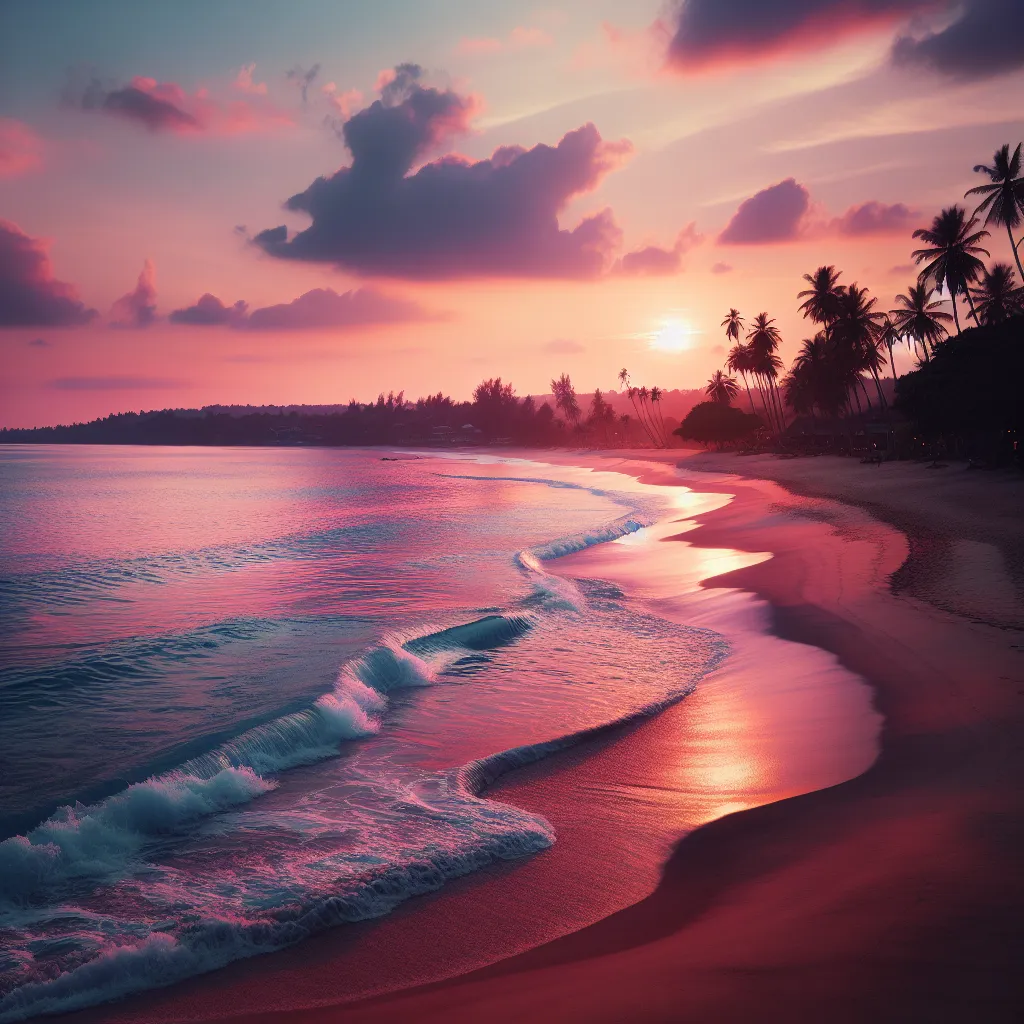 Image description: A serene beach at sunset with gently rolling waves, pink and orange hues painting the sky, and palm trees swaying in the gentle breeze.
