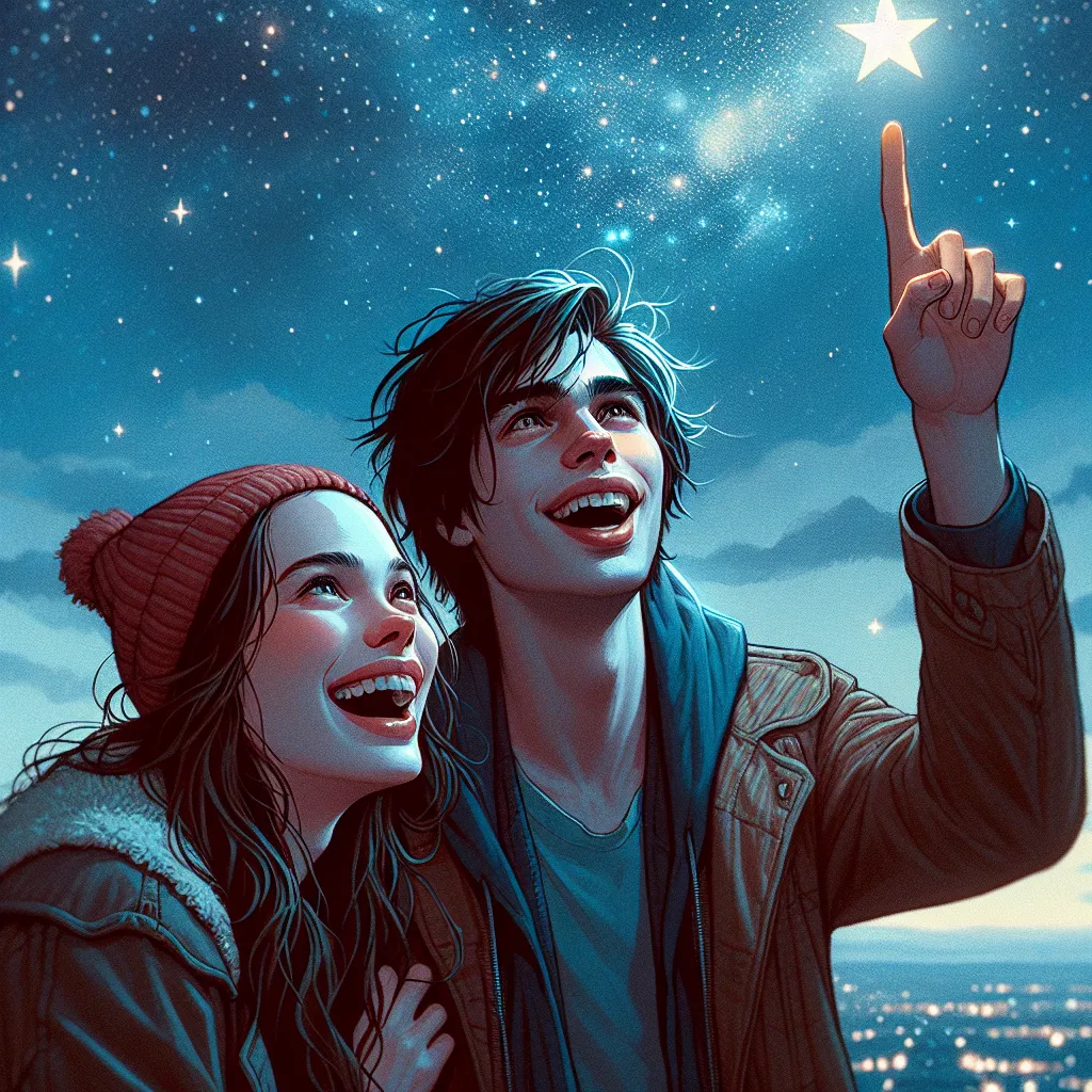 An image that could accompany this story is a young man and woman standing side by side, gazing up at a star-filled night sky. The young man is pointing at a bright star, and the young woman is laughing, her face filled with joy. There is a sense of excitement and possibility in the air as they make wishes, unaware of the incredible transformation that awaits them.