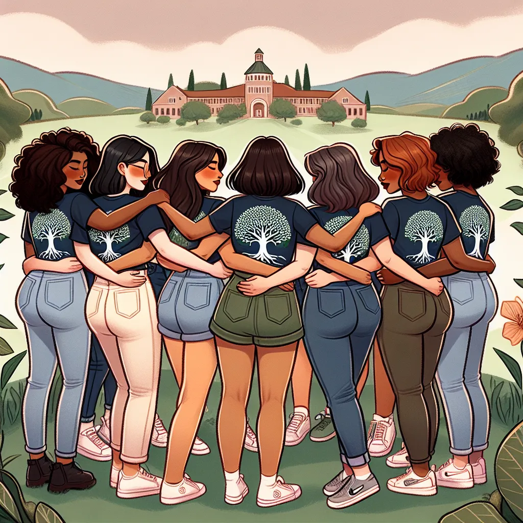 Image Description: The image depicts a group of young women embracing each other in a circle. They are diverse in ethnicity and body shape, highlighting inclusivity. They are wearing matching t-shirts with the sorority's logo, depicting a tree symbolizing growth and unity. The background showcases a serene landscape with rolling hills and a glimpse of the university campus, symbolizing the connection between academia and motherhood. The overall tone of the image is warm, supportive, and empoweri
