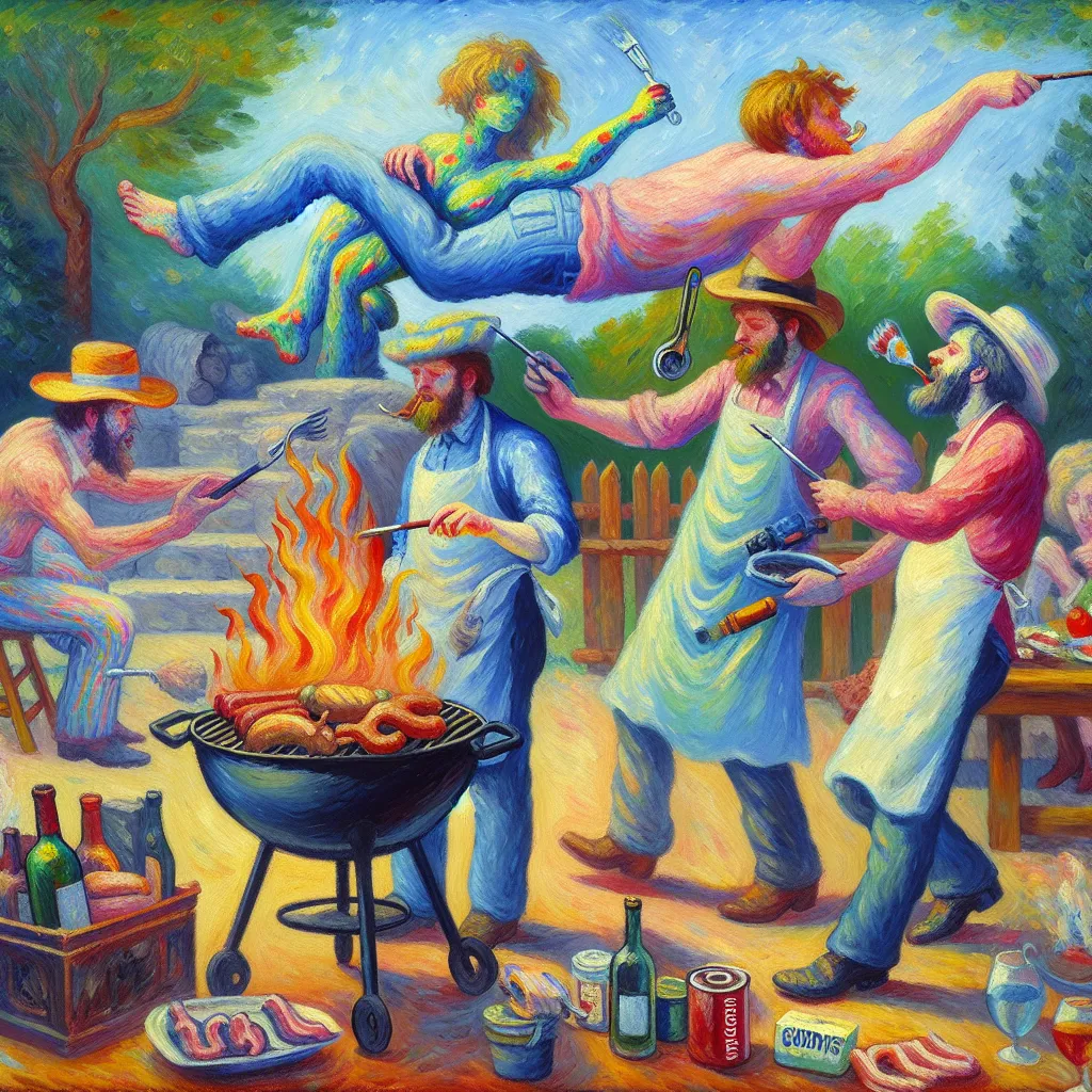 Barbecue, Transformation, Absurd, Gender, Friendship in the style of Monet