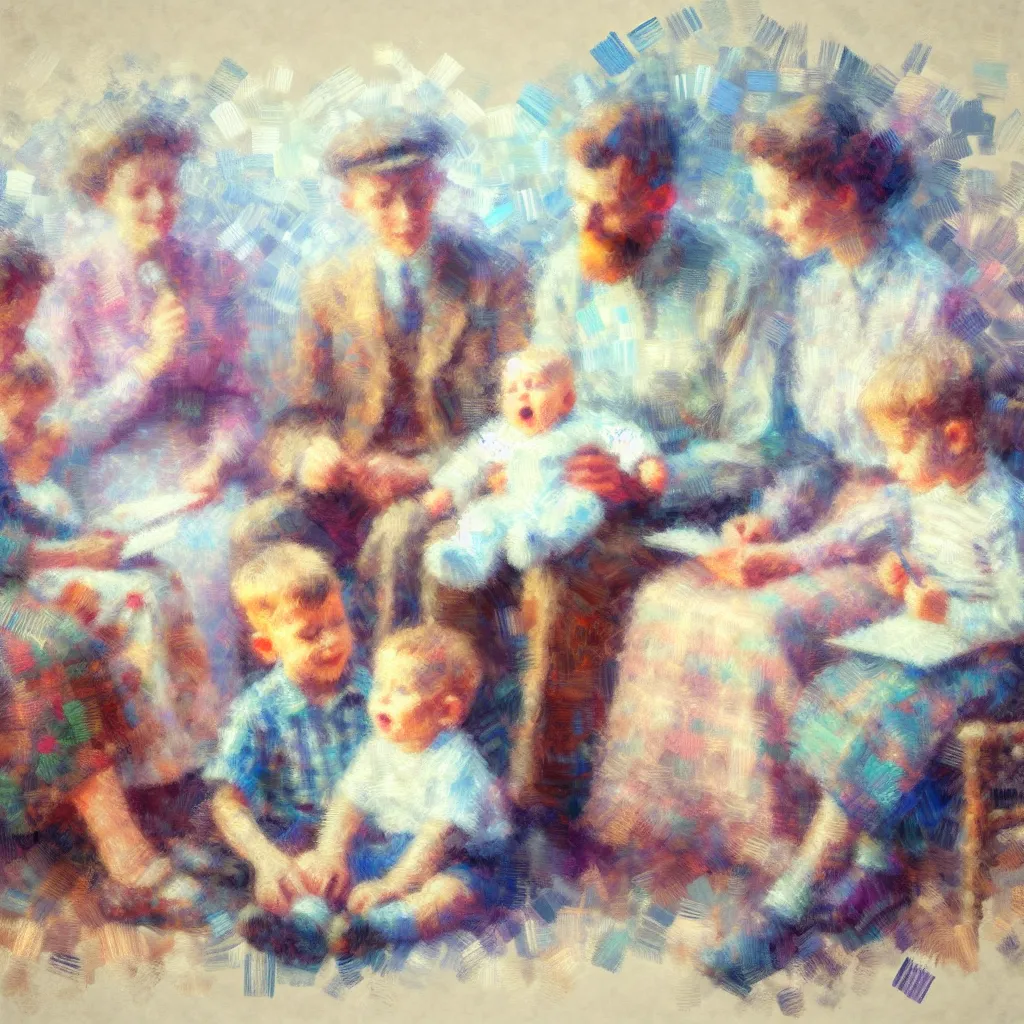 Family, Baby, Childhood, Memories, Transformation in the style of Monet