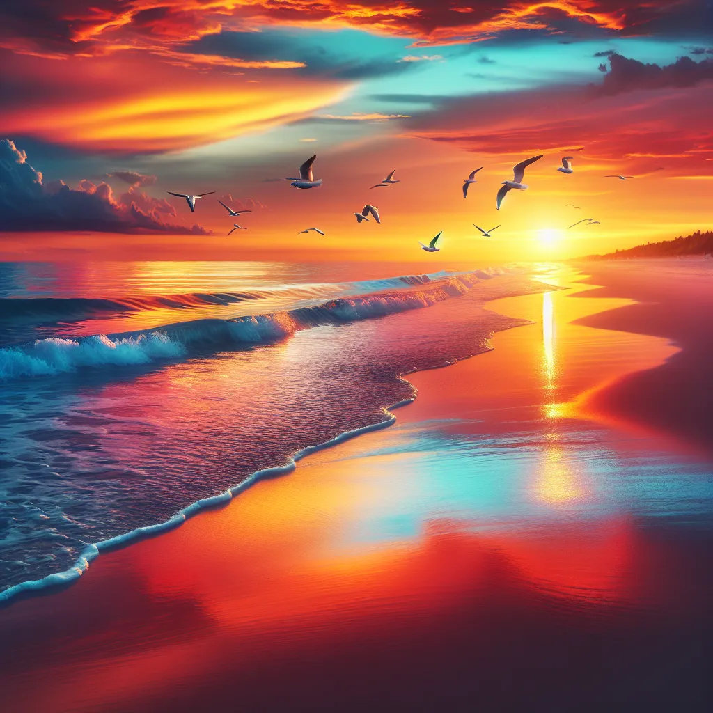 A colorful sunset over a serene beach, with gentle waves lapping against the shore and seagulls flying in the distance.