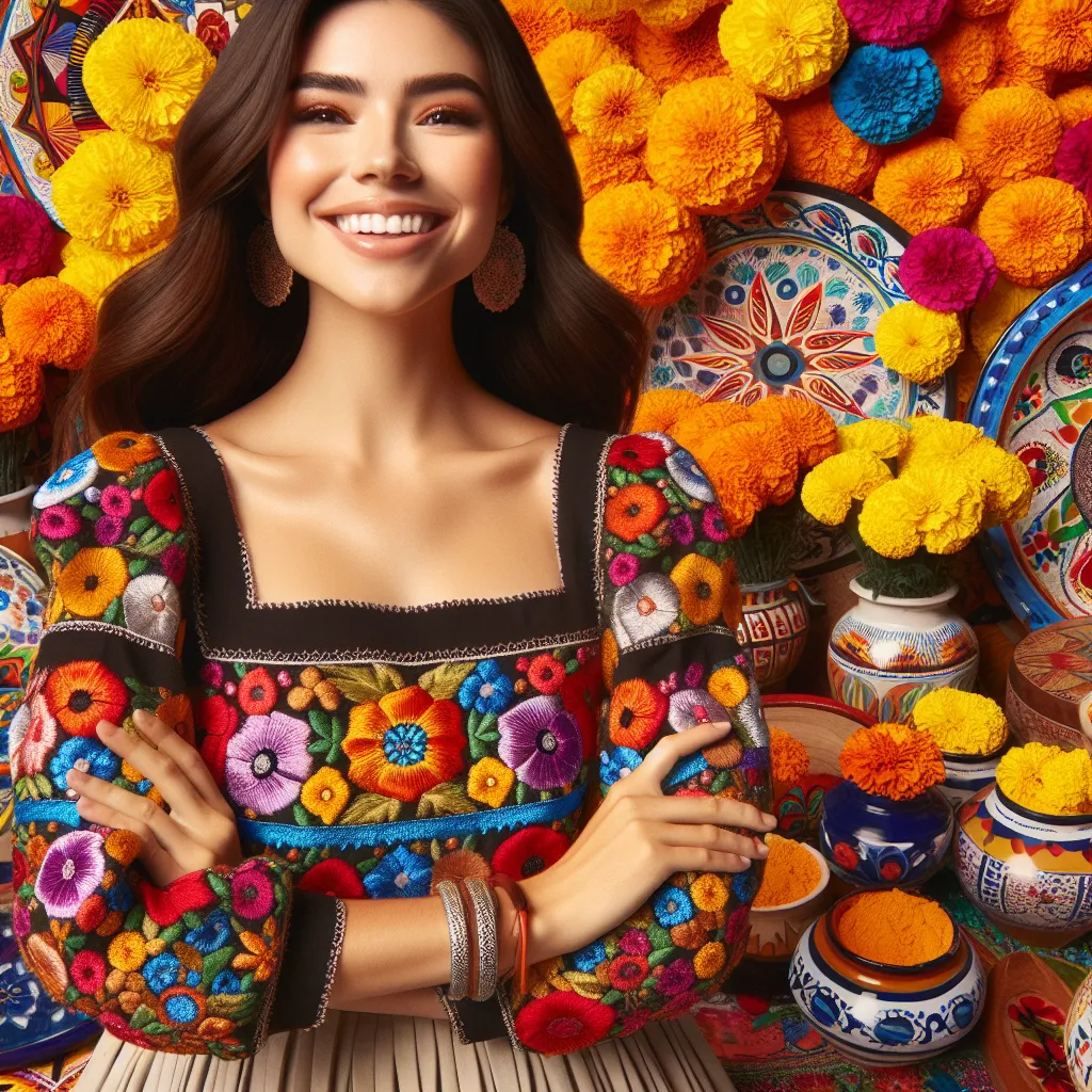 A woman in a traditional Mexican dress smiling confidently, surrounded by vibrant colors and cultural symbols, celebrating her journey of self-discovery and acceptance.