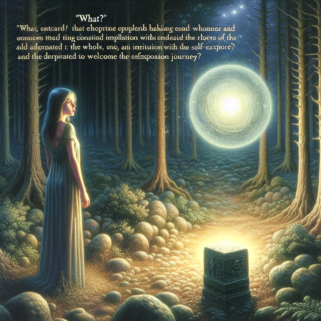 In the image, a lone figure named Eve stands in a dense forest at twilight. Her expression is one of curiosity and bewilderment as she contemplates the question, "What?" that seems to resonate through the air. A glimmering orb hovers above an ancient stone pedestal in a small clearing, illuminating the scene. Eve is drawn towards the orb, its light pulsating with the question. As she contemplates its meaning, she realizes that "What?" is a call to understand her purpose and embark on a journey o