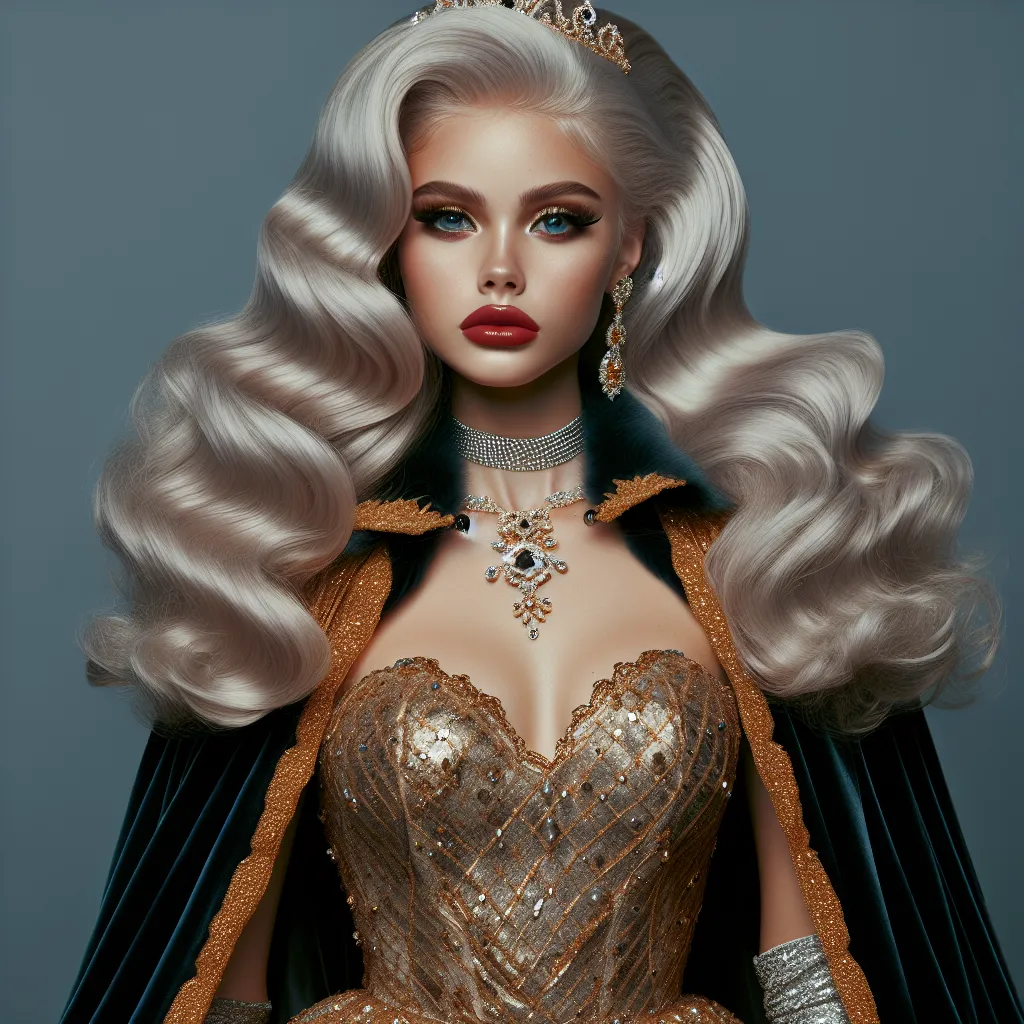 Alaska 5000 looks stunning in a sparkling gold dress with a velvet cape and elaborate accessories. She poses confidently, her platinum blonde hair cascading down her back in voluminous waves. Her face is perfectly made up, with arched eyebrows, sparkling blue eyes, and full red lips. Alaska's transformation from a young boy named Tommy is complete, and she stands as a symbol of glamour and self-expression.