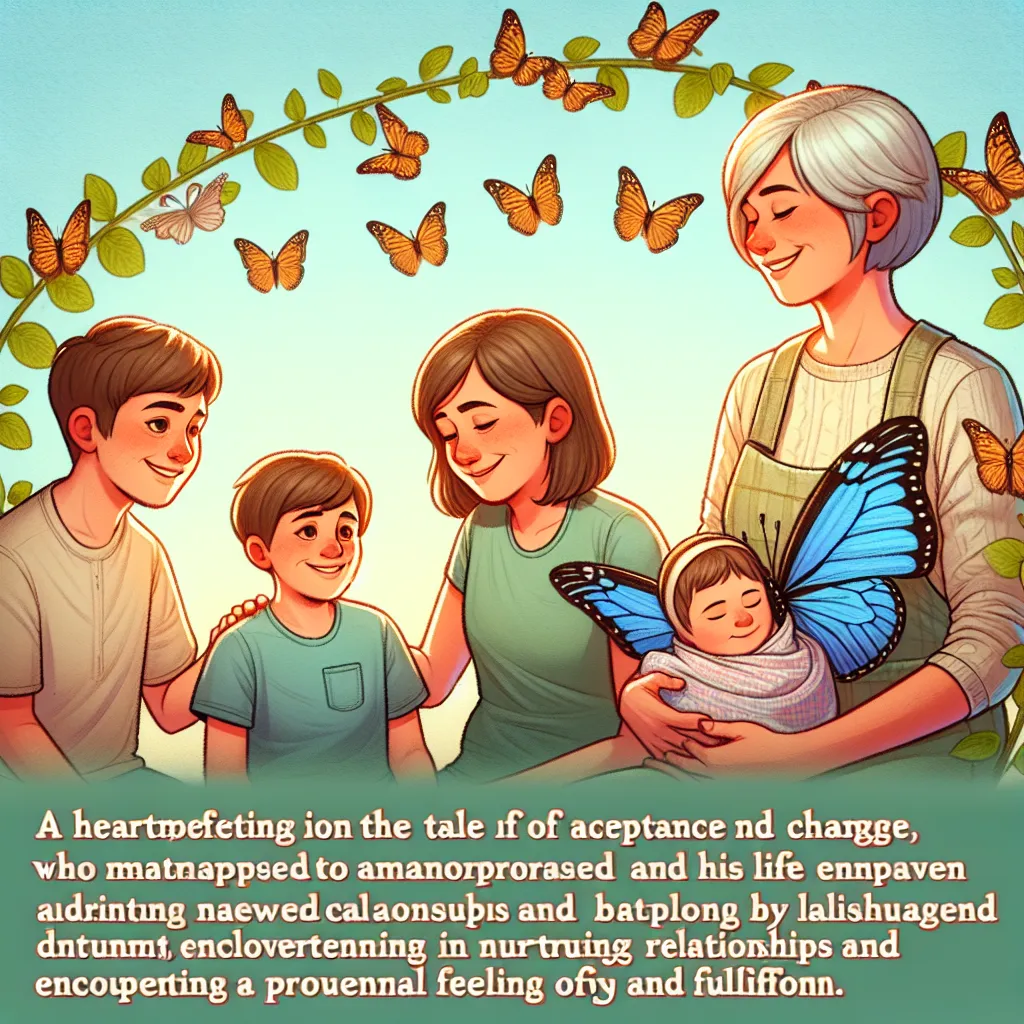 A heartwarming story of transformation and acceptance, depicting the journey of a young boy named Alexander who finds himself in the body of a woman named Denise. As Alexander adapts to his new life, he embraces his femininity, creates loving relationships, and discovers a sense of fulfillment and happiness. The image should capture the essence of a happy and content woman, surrounded by her loving family, radiating peace and joy.