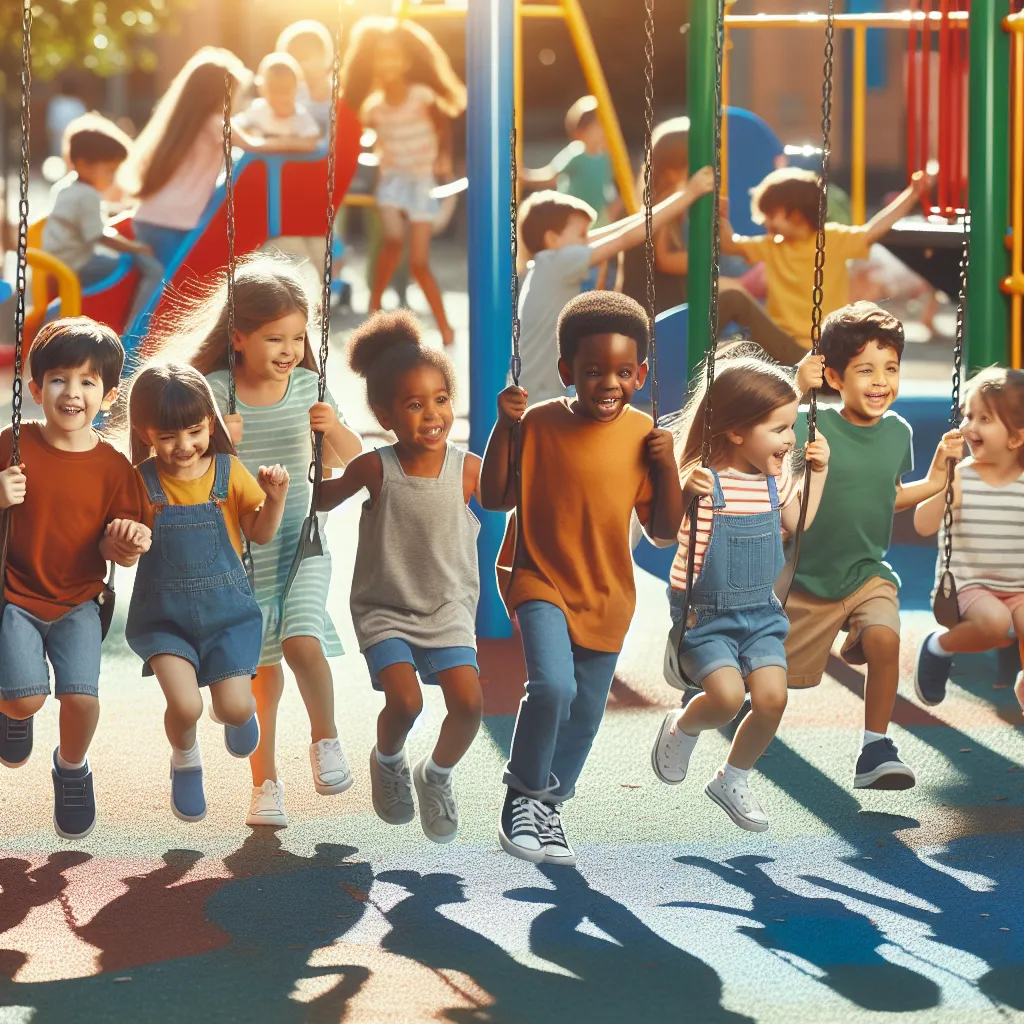 A colorful and diverse group of children playing together in a park, representing inclusivity, friendship, and joy.