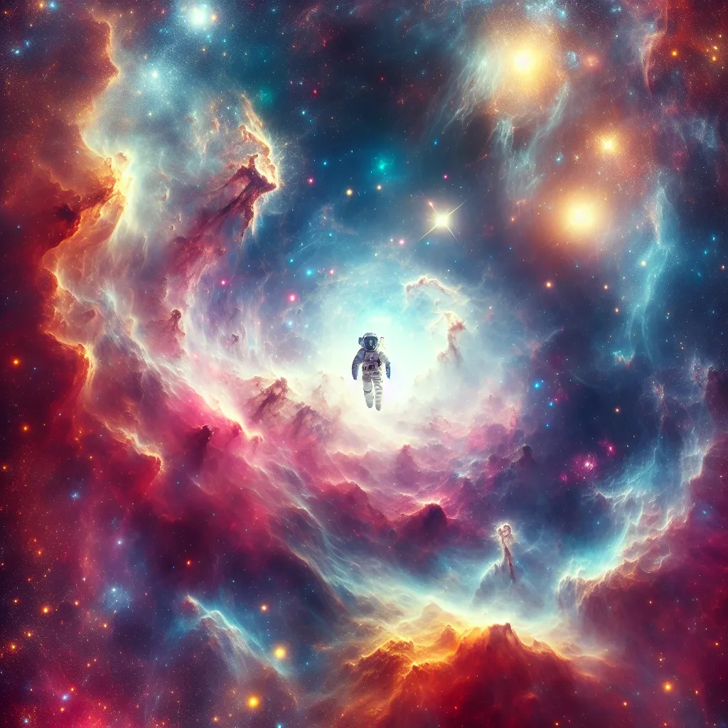 A captivating, ethereal image featuring a solitary astronaut floating amidst a mesmerizing galaxy, with vibrant nebulae and shimmering stars painting the cosmic backdrop.